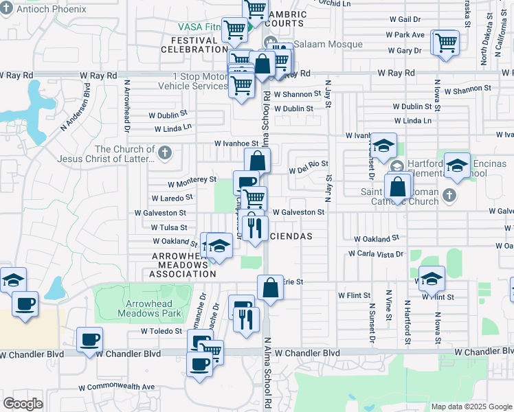map of restaurants, bars, coffee shops, grocery stores, and more near 600 North Alma School Road in Chandler