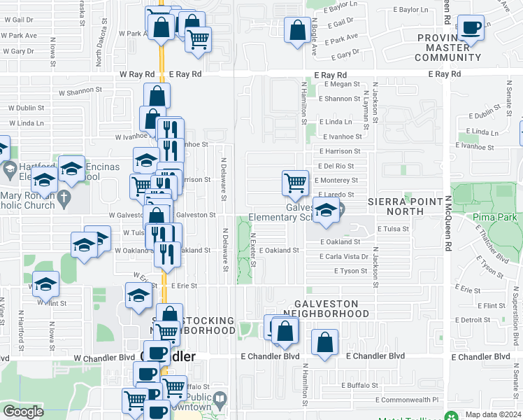 map of restaurants, bars, coffee shops, grocery stores, and more near 423 East Laredo Street in Chandler