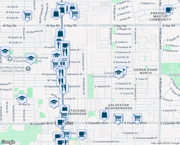 map of restaurants, bars, coffee shops, grocery stores, and more near 363 East Laredo Street in Chandler