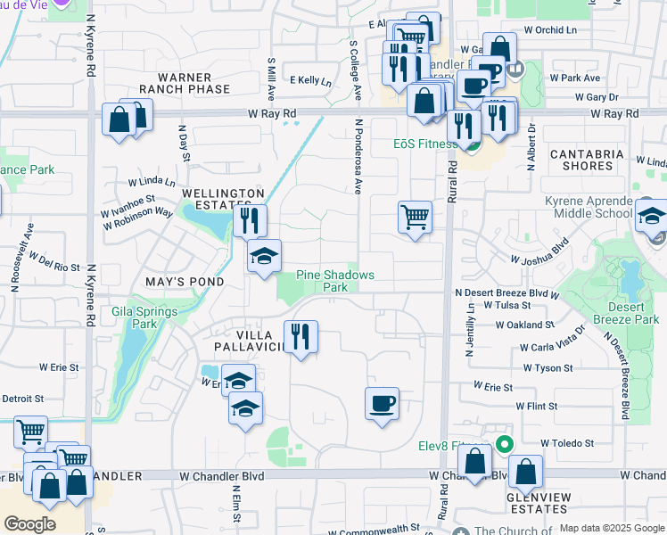 map of restaurants, bars, coffee shops, grocery stores, and more near 5331 West Del Rio Street in Chandler