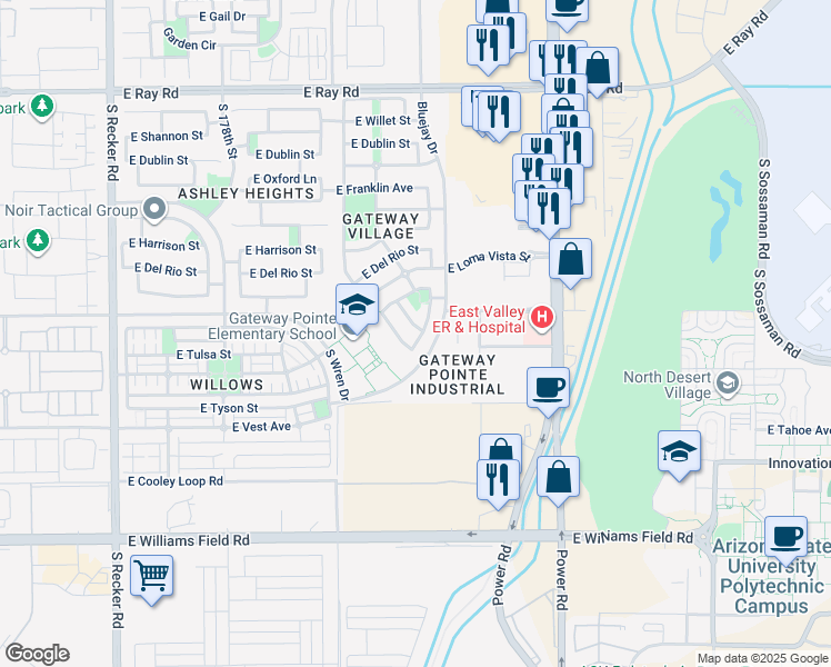 map of restaurants, bars, coffee shops, grocery stores, and more near 2040 South Falcon Drive in Gilbert