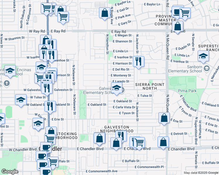 map of restaurants, bars, coffee shops, grocery stores, and more near 625 North Hamilton Street in Chandler