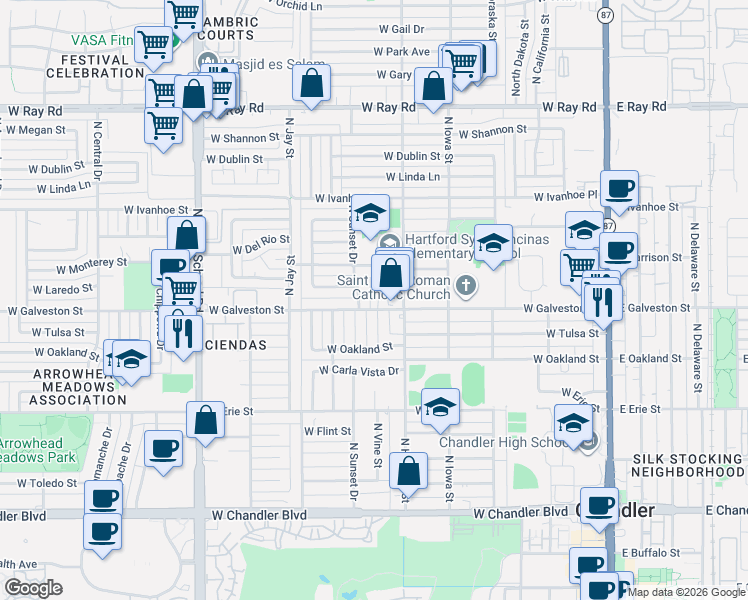 map of restaurants, bars, coffee shops, grocery stores, and more near 690 West Galveston Street in Chandler