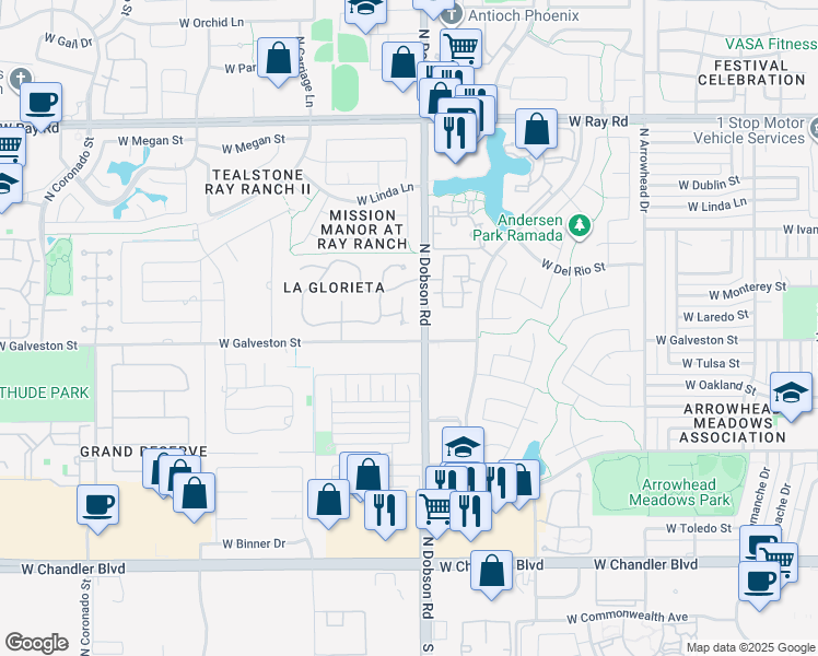 map of restaurants, bars, coffee shops, grocery stores, and more near 700 North Dobson Road in Chandler