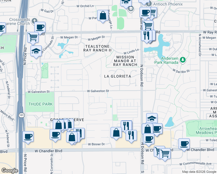 map of restaurants, bars, coffee shops, grocery stores, and more near 603 North Tamarisk Street in Chandler