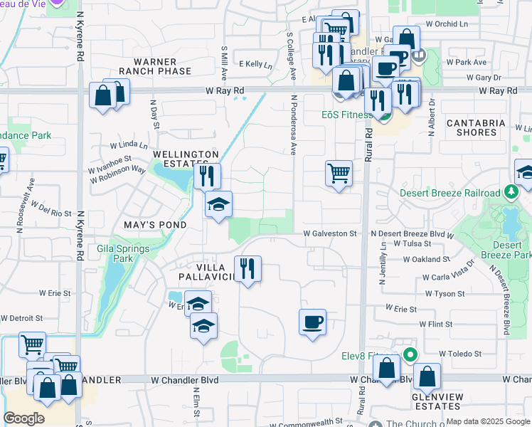 map of restaurants, bars, coffee shops, grocery stores, and more near 5331 West Del Rio Street in Chandler