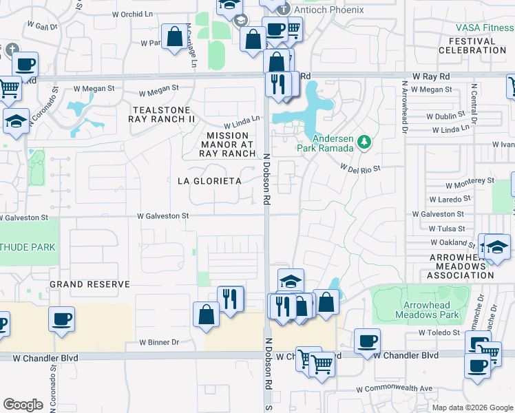 map of restaurants, bars, coffee shops, grocery stores, and more near 700 North Dobson Road in Chandler