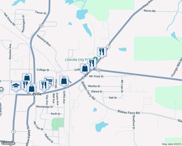 map of restaurants, bars, coffee shops, grocery stores, and more near 89445 Alabama 9 in Lineville