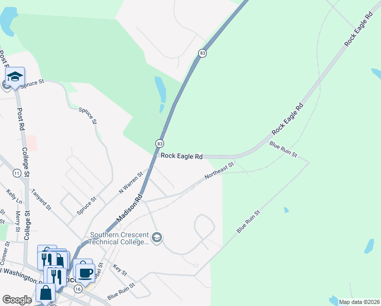map of restaurants, bars, coffee shops, grocery stores, and more near 163 Rock Eagle Road in Monticello