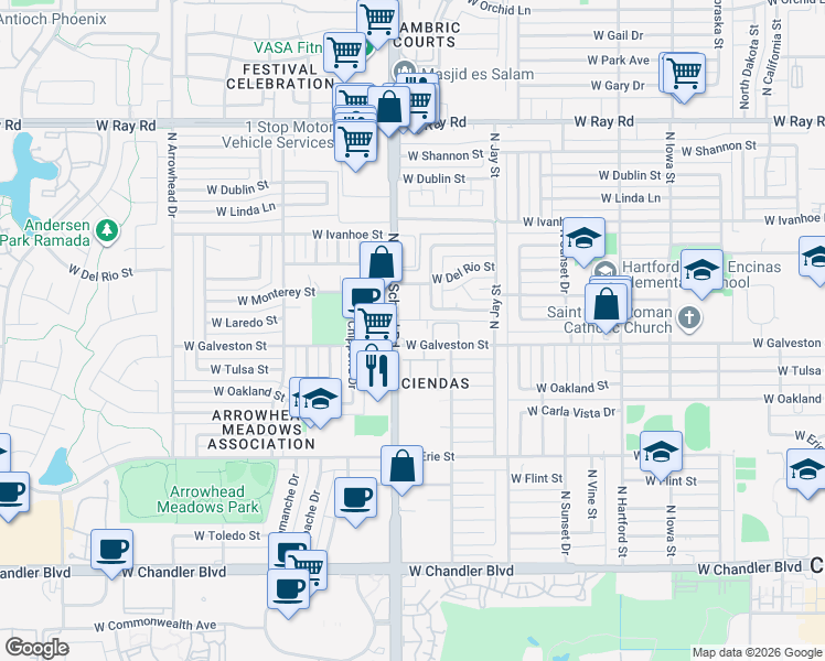 map of restaurants, bars, coffee shops, grocery stores, and more near 950 West Tulsa Street in Chandler