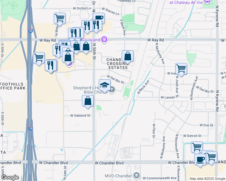 map of restaurants, bars, coffee shops, grocery stores, and more near 6900 West Galveston Street in Chandler