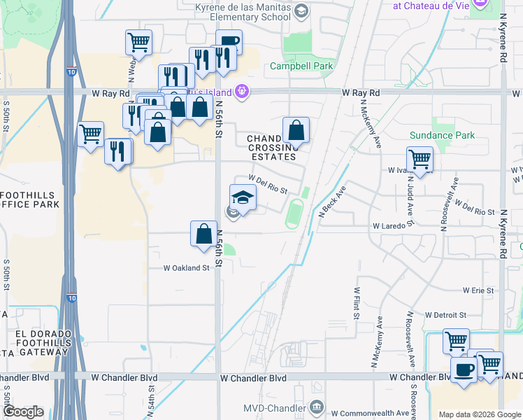 map of restaurants, bars, coffee shops, grocery stores, and more near 6900 West Galveston Street in Chandler