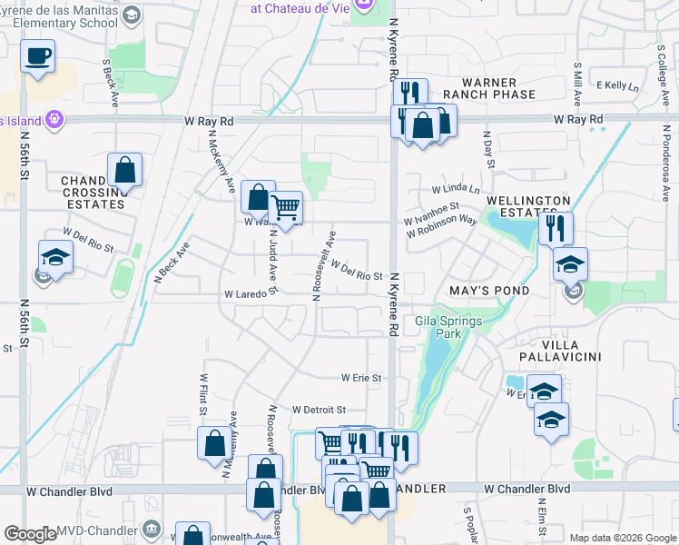 map of restaurants, bars, coffee shops, grocery stores, and more near 623 North Kristin Lane in Chandler