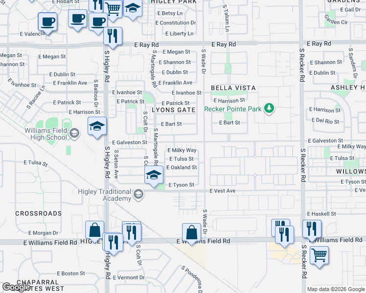 map of restaurants, bars, coffee shops, grocery stores, and more near 3523 East Milky Way in Gilbert