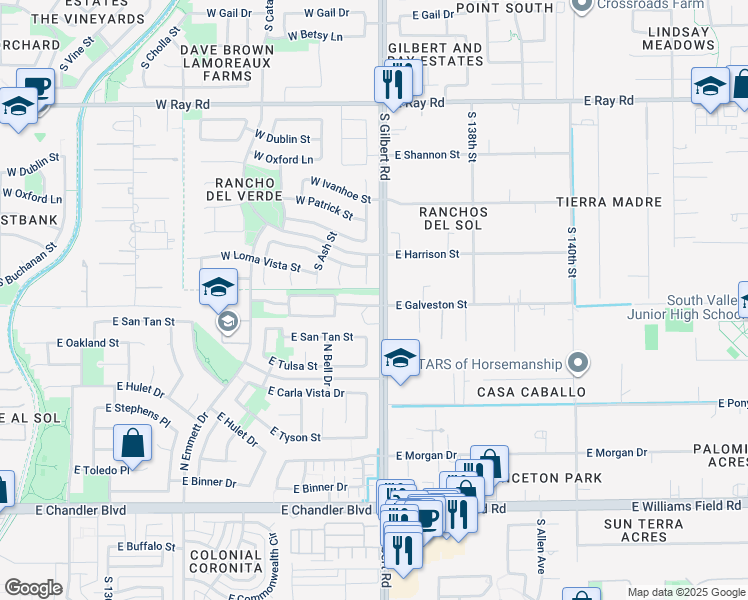 map of restaurants, bars, coffee shops, grocery stores, and more near 14822 South Gilbert Road in Gilbert