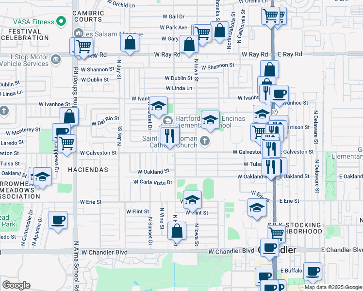 map of restaurants, bars, coffee shops, grocery stores, and more near 315 West Galveston Street in Chandler