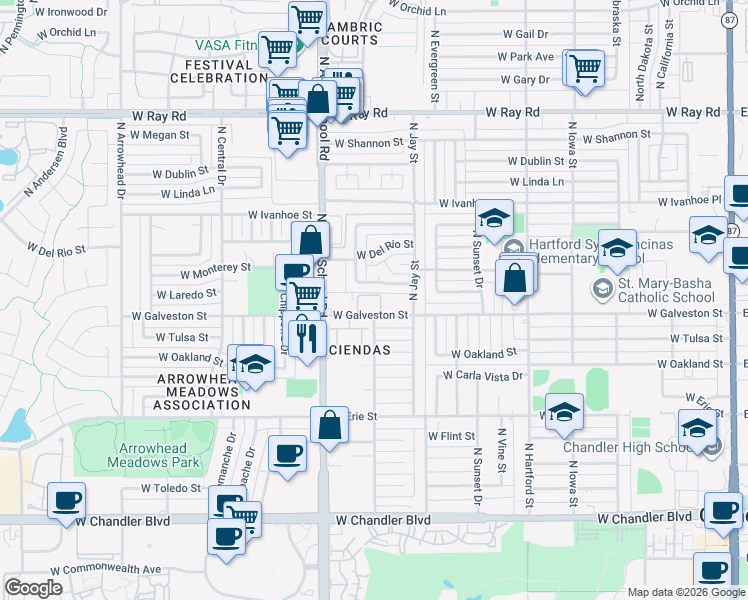 map of restaurants, bars, coffee shops, grocery stores, and more near 850 West Galveston Street in Chandler