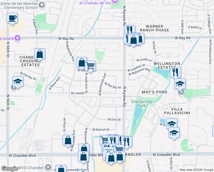 map of restaurants, bars, coffee shops, grocery stores, and more near 623 North Kristin Lane in Chandler