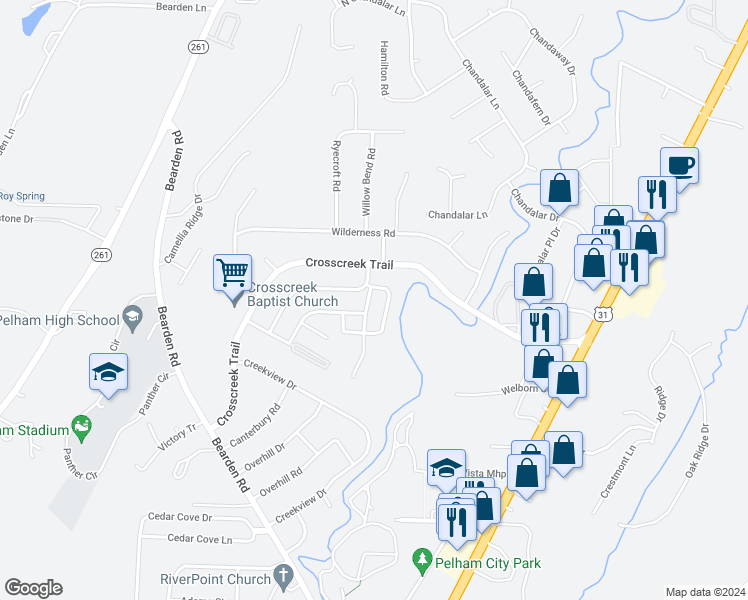 map of restaurants, bars, coffee shops, grocery stores, and more near 712 Cahaba Manor Drive in Pelham