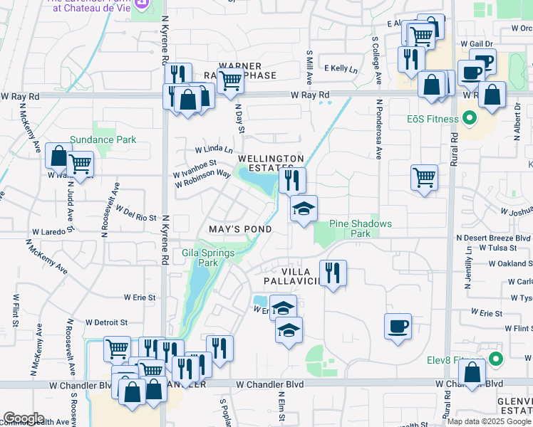 map of restaurants, bars, coffee shops, grocery stores, and more near 662 North Elm Street in Chandler