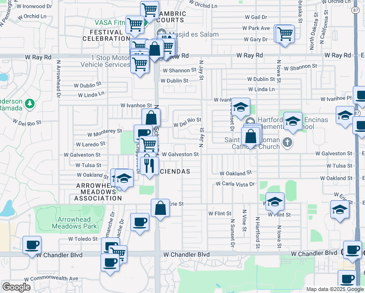 map of restaurants, bars, coffee shops, grocery stores, and more near 850 West Galveston Street in Chandler