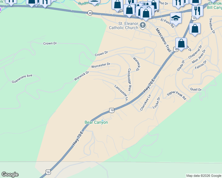 map of restaurants, bars, coffee shops, grocery stores, and more near Hampshire Road in Ruidoso