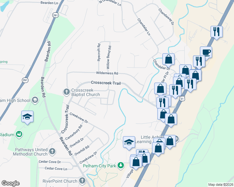 map of restaurants, bars, coffee shops, grocery stores, and more near 741 Cahaba Manor Trail in Pelham