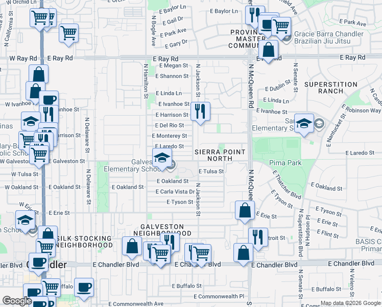 map of restaurants, bars, coffee shops, grocery stores, and more near 625 North Hamilton Street in Chandler
