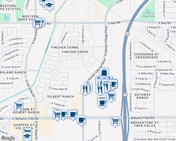 map of restaurants, bars, coffee shops, grocery stores, and more near 1926 South Coronado Road in Gilbert