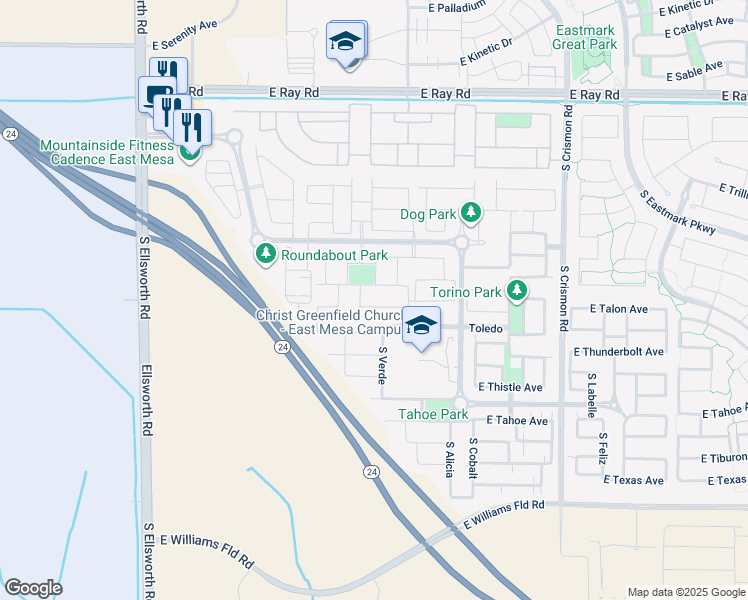 map of restaurants, bars, coffee shops, grocery stores, and more near 9635 East Talon Avenue in Mesa