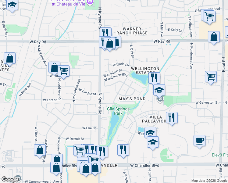 map of restaurants, bars, coffee shops, grocery stores, and more near 638 North Poplar Court in Chandler