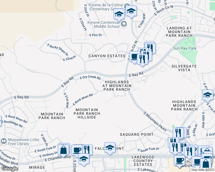 map of restaurants, bars, coffee shops, grocery stores, and more near 3427 East Desert Trumpet Road in Phoenix