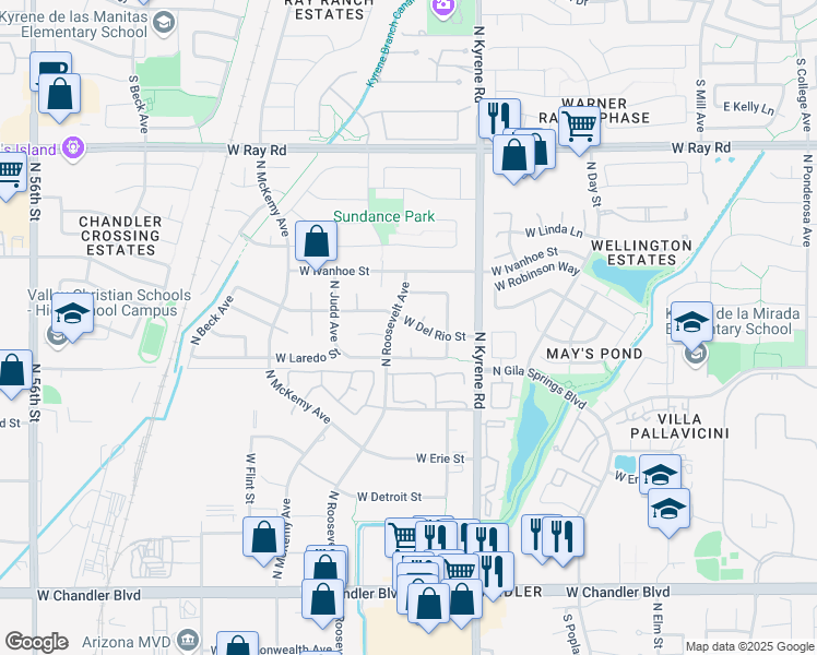 map of restaurants, bars, coffee shops, grocery stores, and more near 6143 West Del Rio Street in Chandler