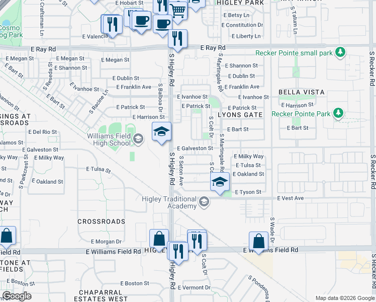 map of restaurants, bars, coffee shops, grocery stores, and more near 3255 East Milky Way in Gilbert