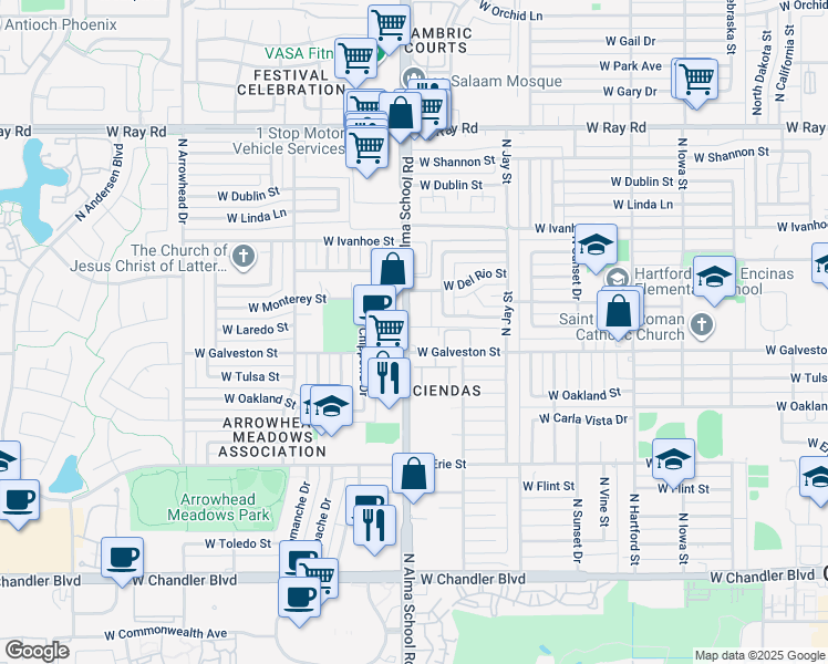 map of restaurants, bars, coffee shops, grocery stores, and more near 600 North Alma School Road in Chandler