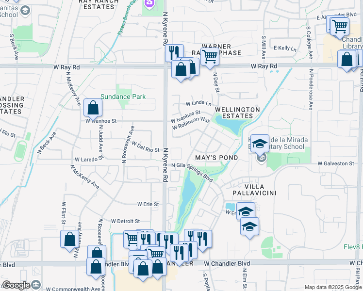 map of restaurants, bars, coffee shops, grocery stores, and more near 5918 West Drake Court in Chandler