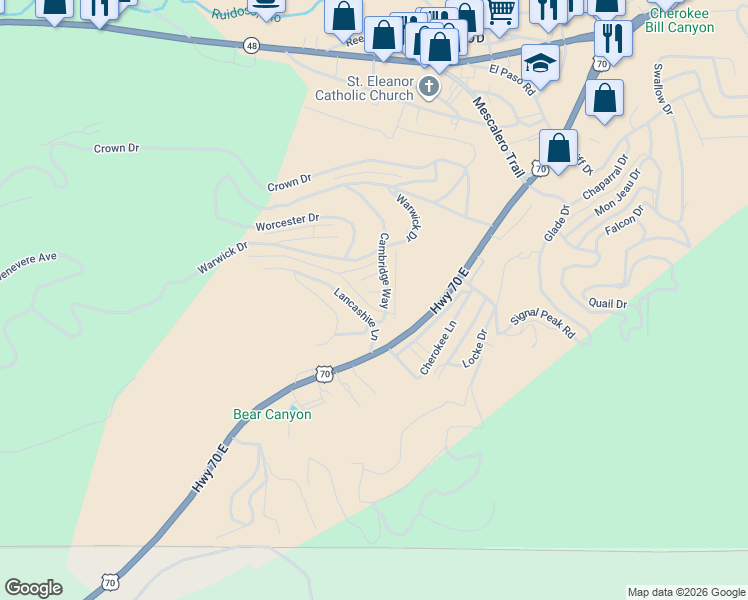 map of restaurants, bars, coffee shops, grocery stores, and more near 210 Cambridge Way in Ruidoso