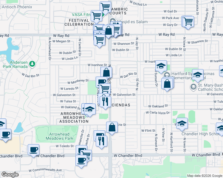map of restaurants, bars, coffee shops, grocery stores, and more near 625 North Alma School Road in Chandler