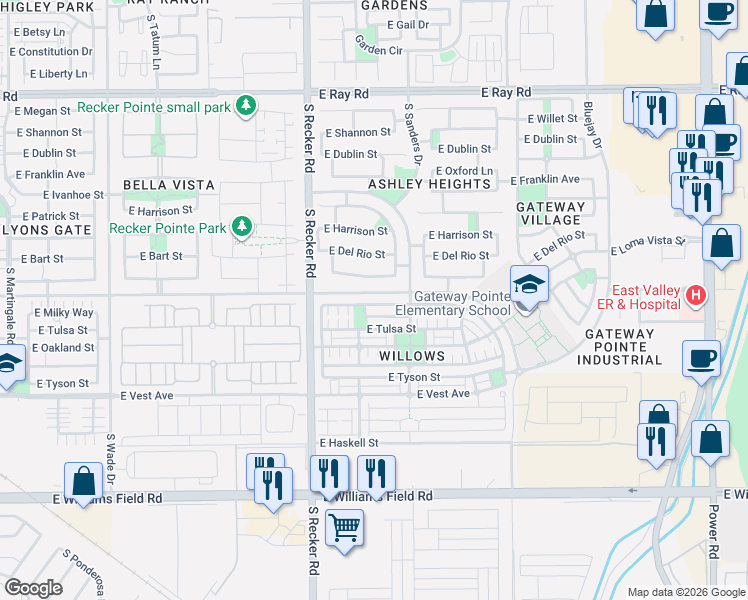 map of restaurants, bars, coffee shops, grocery stores, and more near 4156 East Fairbanks Street in Gilbert