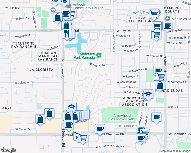 map of restaurants, bars, coffee shops, grocery stores, and more near 1670 West Laredo Street in Chandler