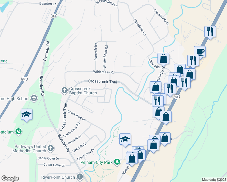 map of restaurants, bars, coffee shops, grocery stores, and more near 741 Cahaba Manor Trail in Pelham