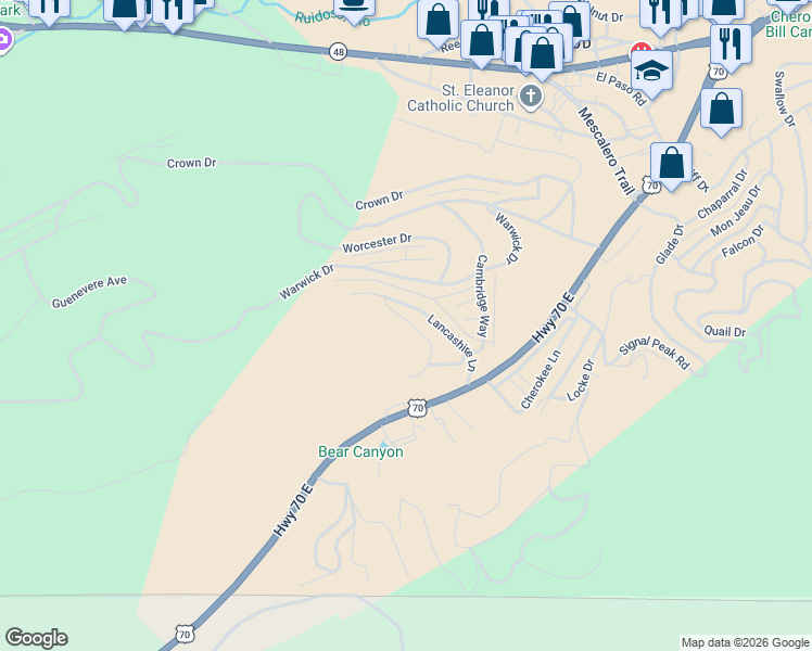 map of restaurants, bars, coffee shops, grocery stores, and more near 110 Hampshire Road in Ruidoso