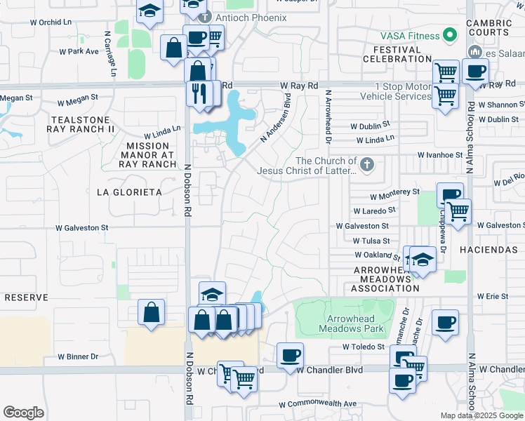 map of restaurants, bars, coffee shops, grocery stores, and more near 1670 West Laredo Street in Chandler