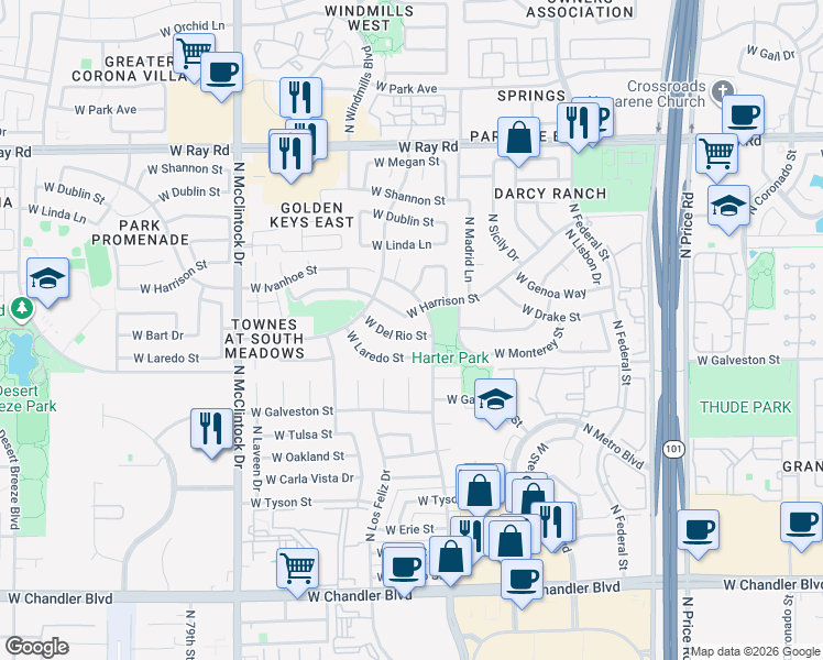 map of restaurants, bars, coffee shops, grocery stores, and more near 3616 West Laredo Street in Chandler