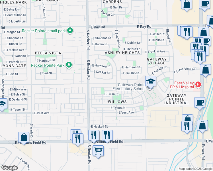 map of restaurants, bars, coffee shops, grocery stores, and more near 4156 East Fairbanks Street in Gilbert