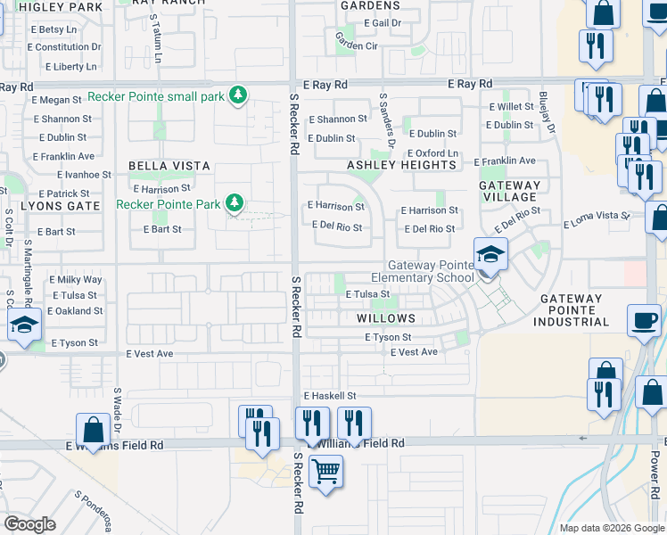 map of restaurants, bars, coffee shops, grocery stores, and more near 4086 East Tulsa Street in Gilbert