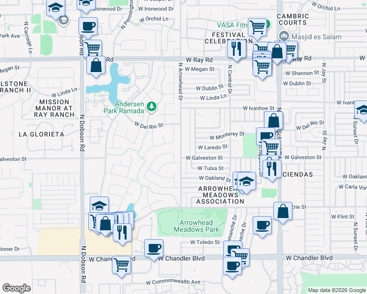 map of restaurants, bars, coffee shops, grocery stores, and more near 1390 West Galveston Street in Chandler