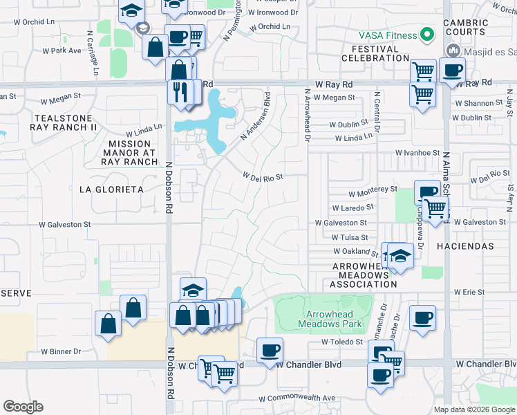 map of restaurants, bars, coffee shops, grocery stores, and more near 1670 West Laredo Street in Chandler