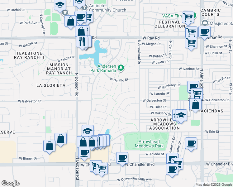 map of restaurants, bars, coffee shops, grocery stores, and more near 1670 West Laredo Street in Chandler