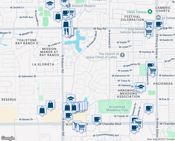 map of restaurants, bars, coffee shops, grocery stores, and more near 1670 West Laredo Street in Chandler